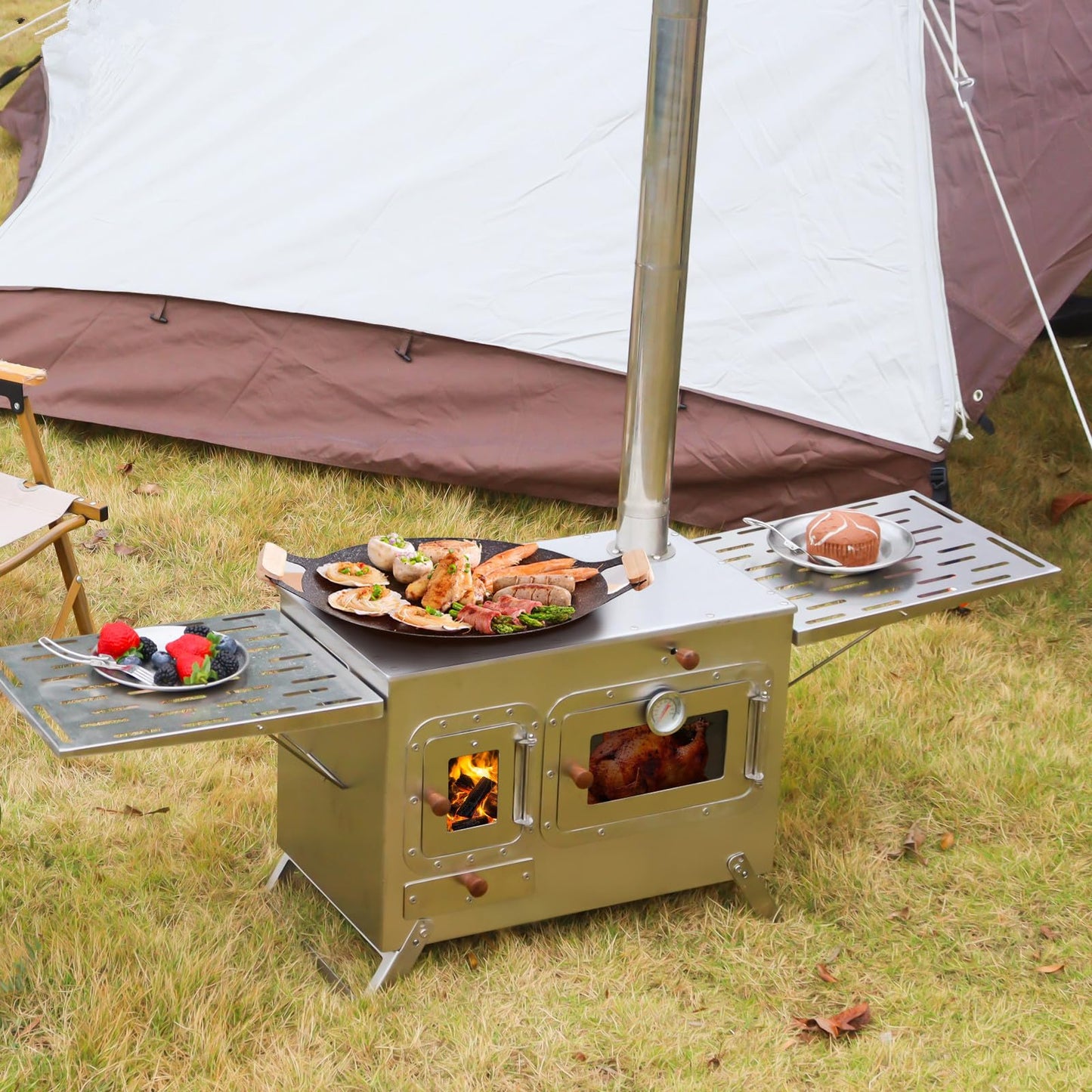 Large Camping Oven Stove Portable Outdoor Cooking Stove with Oven Tent Stove with Chimney Steel
