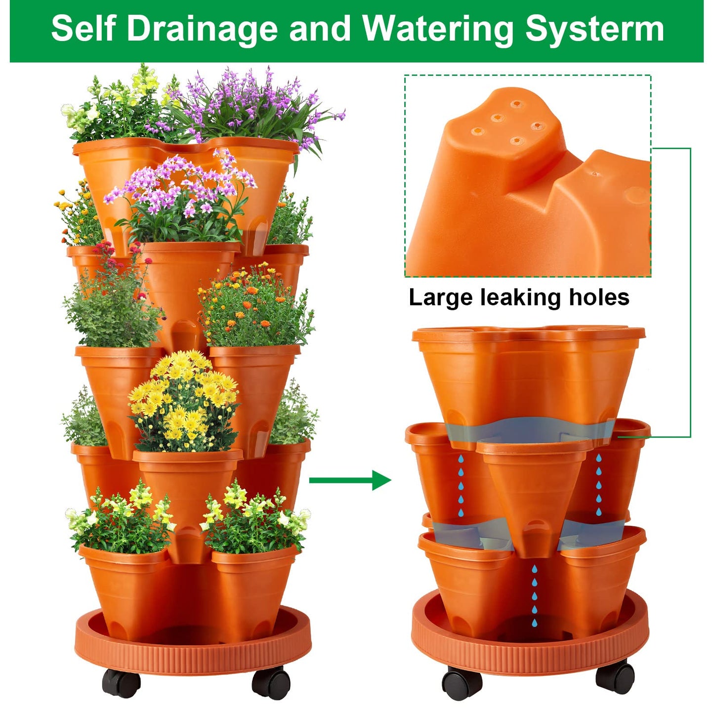 Umigy 2 Set 5 Tier Stackable Planters Vertical Garden Planters for Strawberry Herb Flower and Vegetable Indoor Outdoor Gardening Pots with Removable Wheels and Bottom(Terracotta)