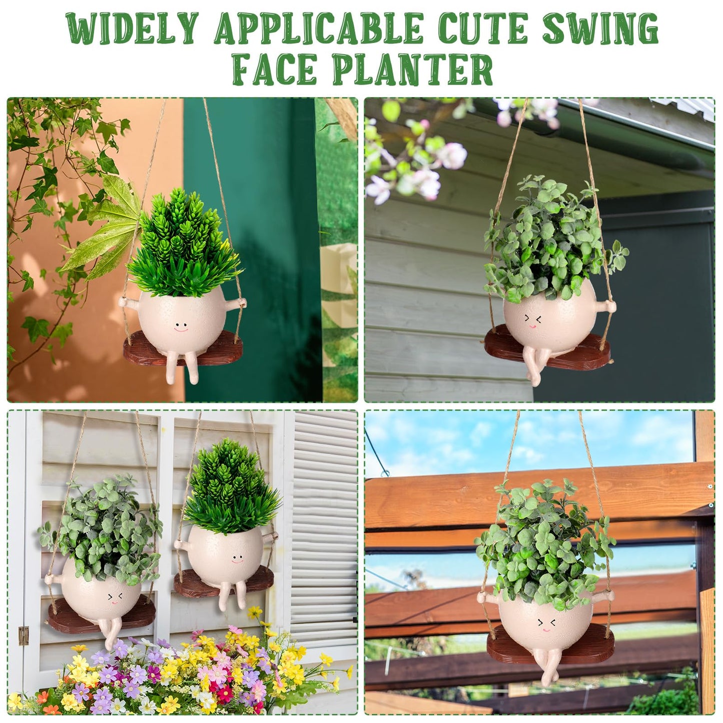 Suclain 2 Pcs Swinging Planter Pots Funny Planters Hanging Cute Planters for Women Gift Indoor Outdoor Resin Smile Faces with Drainage Holes Succulent Pot String of Pearls Plant Flower