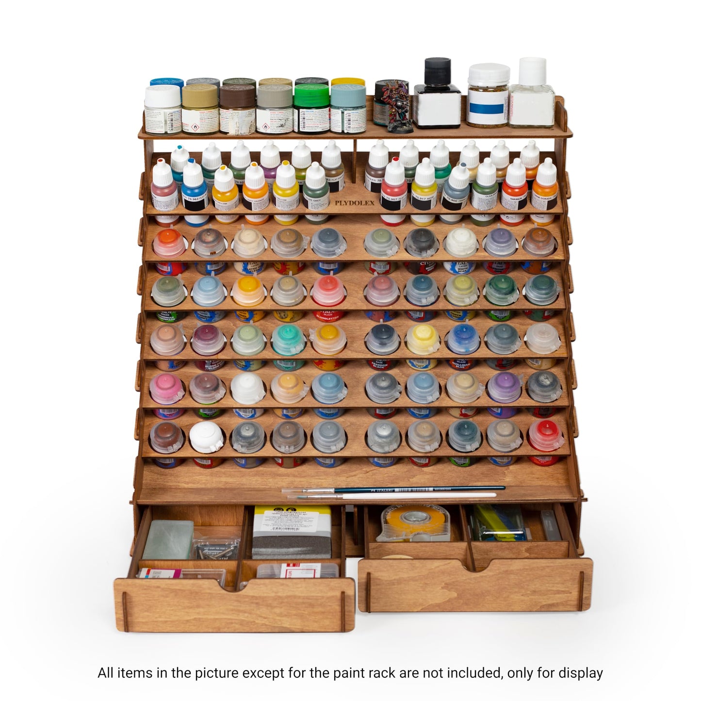 Plydolex Wooden Paint Organizer for 74 Paint Bottles and 14 Brushes - Paint Organizer with 2 Art Tool Cabinets and 6 Miniature Holders - Paint Holder