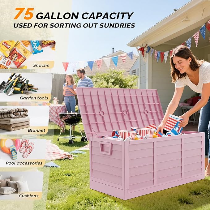 VINGLI 75 Gallon Collapsible Outdoor Storage Box, Simple-to-assemble Plastic Storage Containers with Lid, Patio Deck Box Furniture for Garden, Pool, Balcony, Yard (Pink)