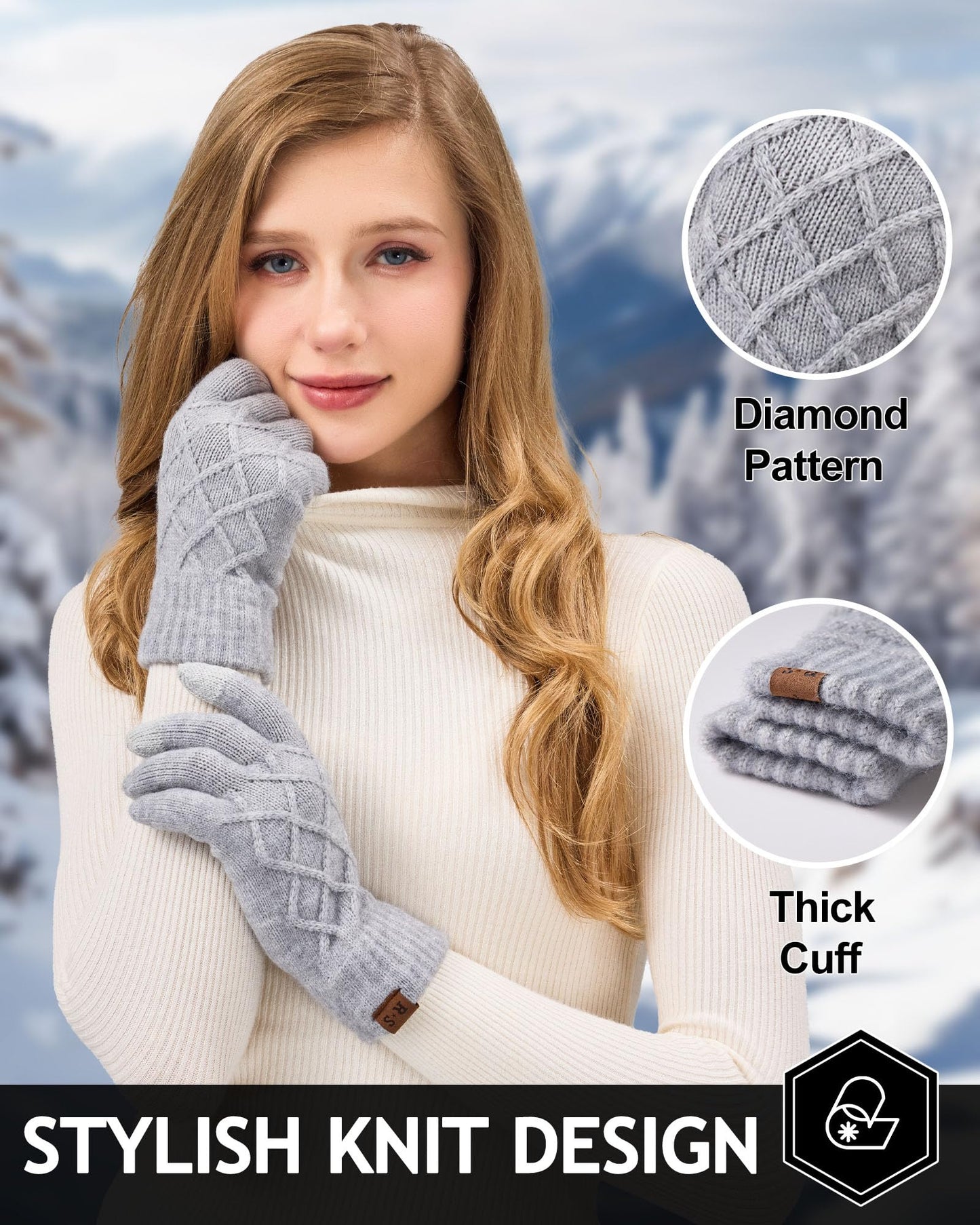 REACH STAR 2 Pairs Winter Gloves for Women, Touch Screen Thermal Knit Lining Warm Gloves for Cold Weather, For Running Driving Hiking Christmas Gifts Stocking Stuffers