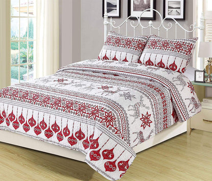 HowPlum Winter Holiday Full/Queen Lightweight Quilt Bedding Set Fair Isle Red Grey White Christmas Ornament Reindeer