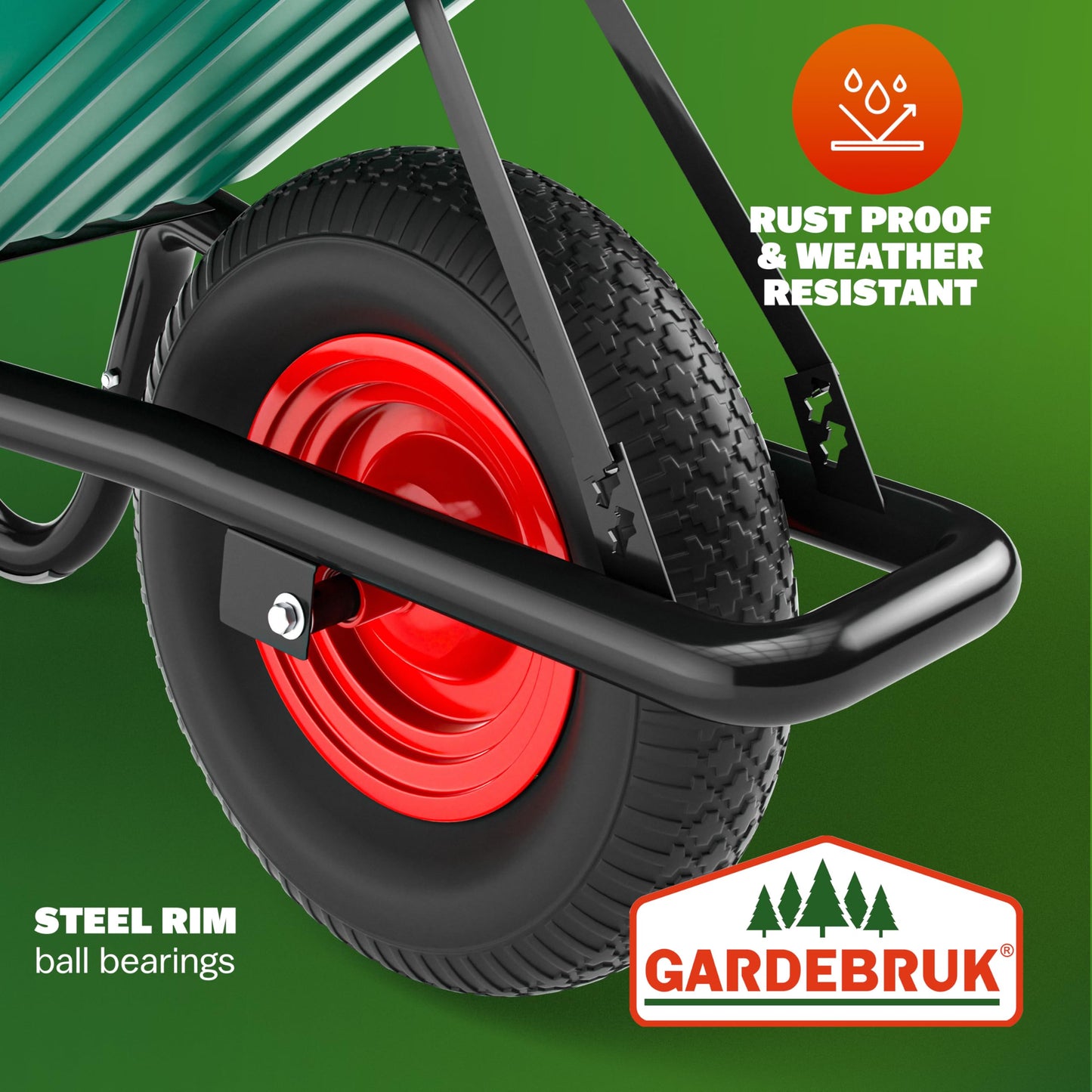 GARDEBRUK® Heavy Duty Garden Wheelbarrow | 100L 250KG | Pneumatic Tyre | Steel Rim | Impact-Resistant Polypropylene Tub | Strong Large Transport Trolley Handcart Wheel Barrow | Green & Black
