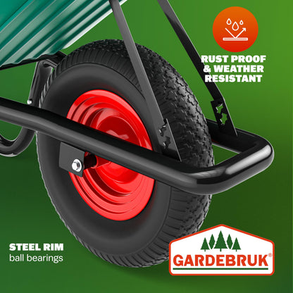 GARDEBRUK® Heavy Duty Garden Wheelbarrow | 100L 250KG | Pneumatic Tyre | Steel Rim | Impact-Resistant Polypropylene Tub | Strong Large Transport Trolley Handcart Wheel Barrow | Green & Black