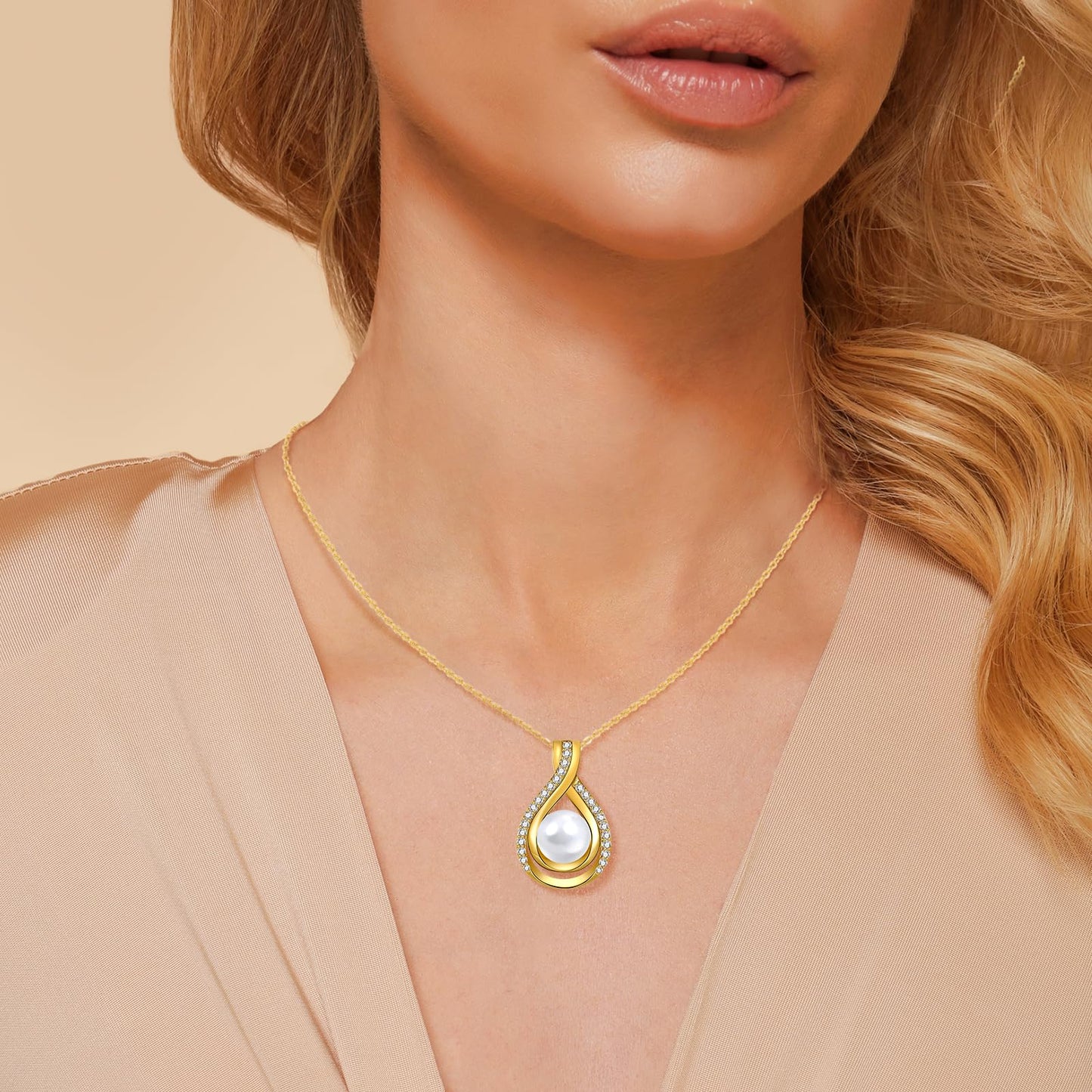 LOIPURI Infinity White Pearl Necklace and Earrings Set for Women Gifts for Mom Birthday Mothers Day AAA+Handpicked Pearl 14K Gold Plated Adjustable Jewelry