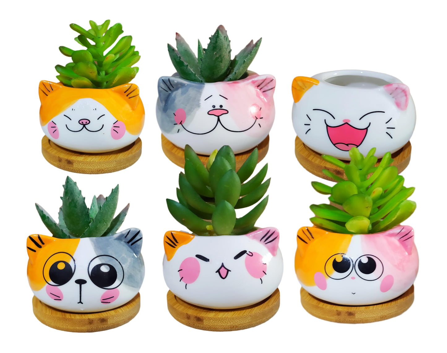 Cuteforyou Cute 3.5 Inches Indoor Cartoon Animal Cat Shaped Ceramic Succulent Cactus Flower Plant Pots with Bamboo Tray-Plant Not Included (6 Corlors)