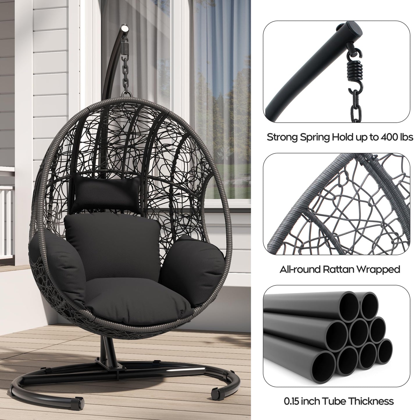 KEIKI Hanging Egg Chair with Stand Outdoor, 400LBS Capacity Patio Swing Chair with Cushion, Weatherproof PE Rattan Hammock Chair for Bedroom Balcony Garden, Waterproof Cover Included, Grey