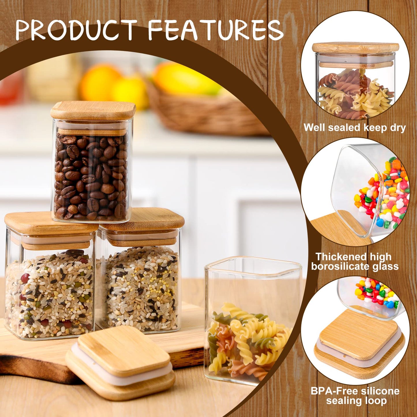 Bokon 24 Pcs Glass Spice Jars with Bamboo Lid 7oz Spice Container with Sticker Labels Pen for Kitchen Sugar Coffee Tea (2.4 x 3.2 inch)
