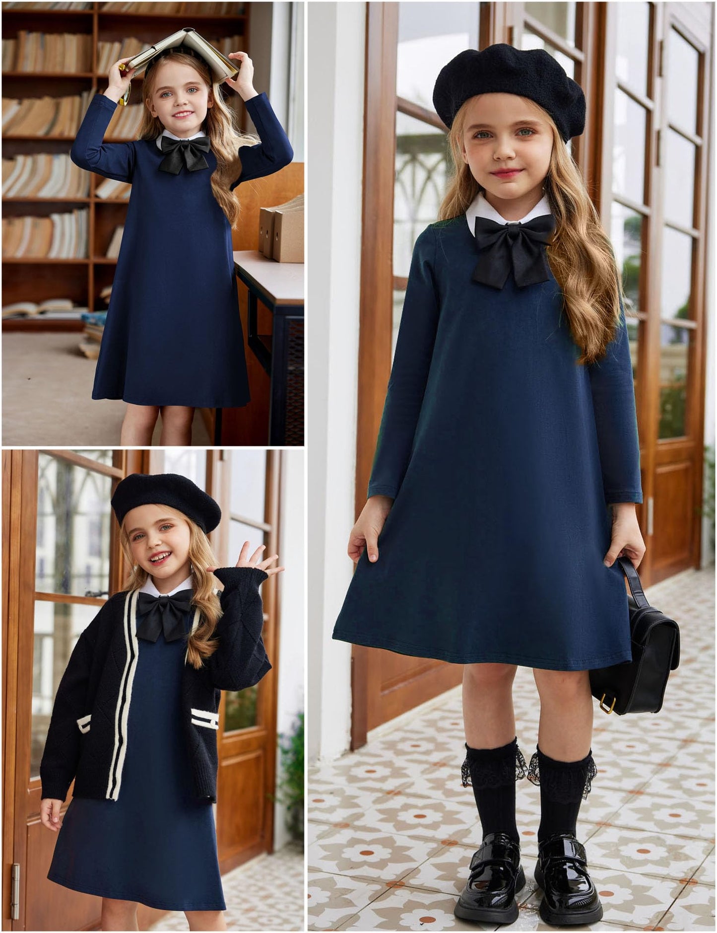 Arshiner Girls Dress Kids Long Sleeve Solid Color Casual T-Shirt Dress Navy Blue Tween 10-11 Years