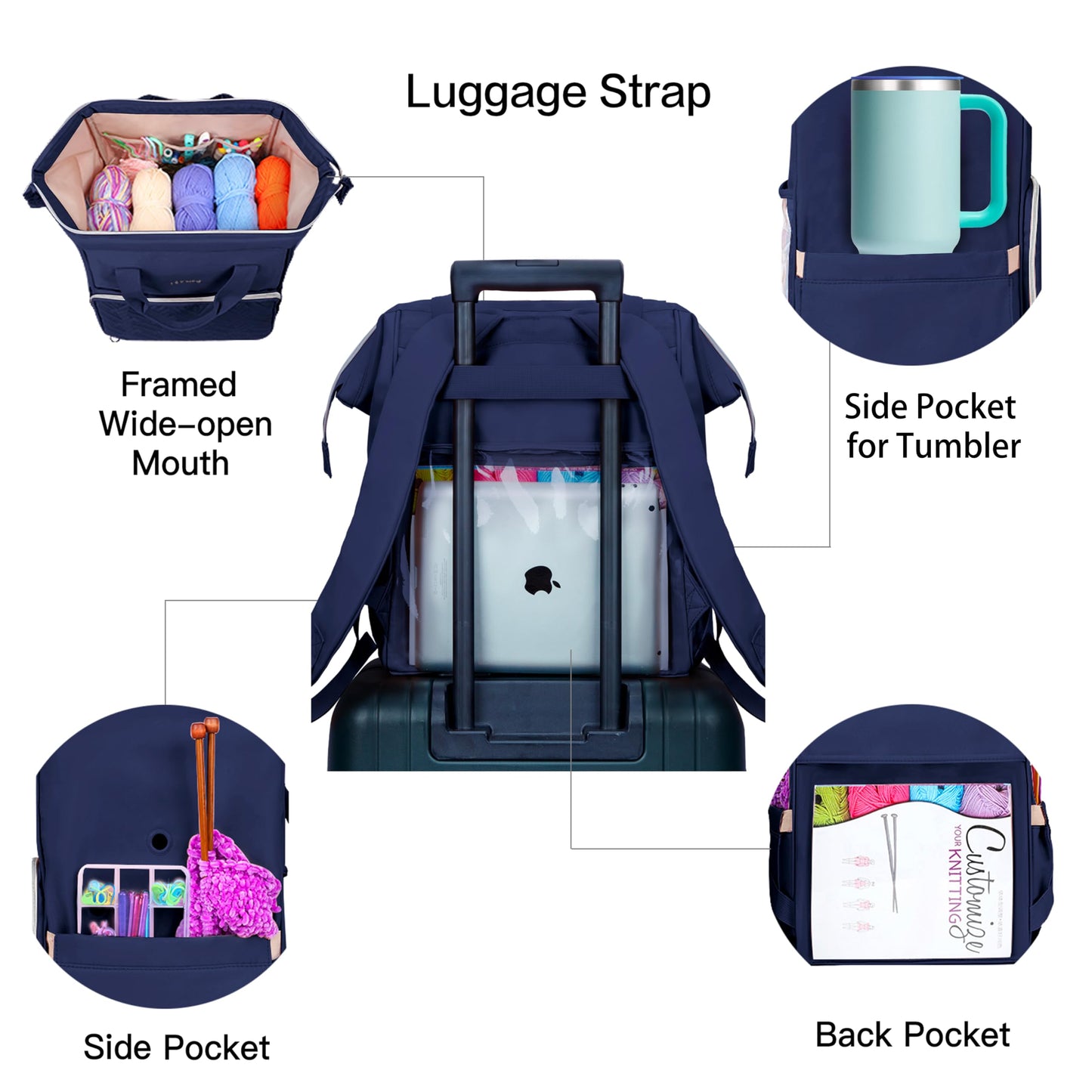 Leudes Knitting Bag Backpack, Yarn Storage Organizer Large Crochet Bag Tote Water Resistant Yarn Holder Case for Carrying Projects, Knitting Needles, Crochet Hooks and Other Accessories (Navy Blue)