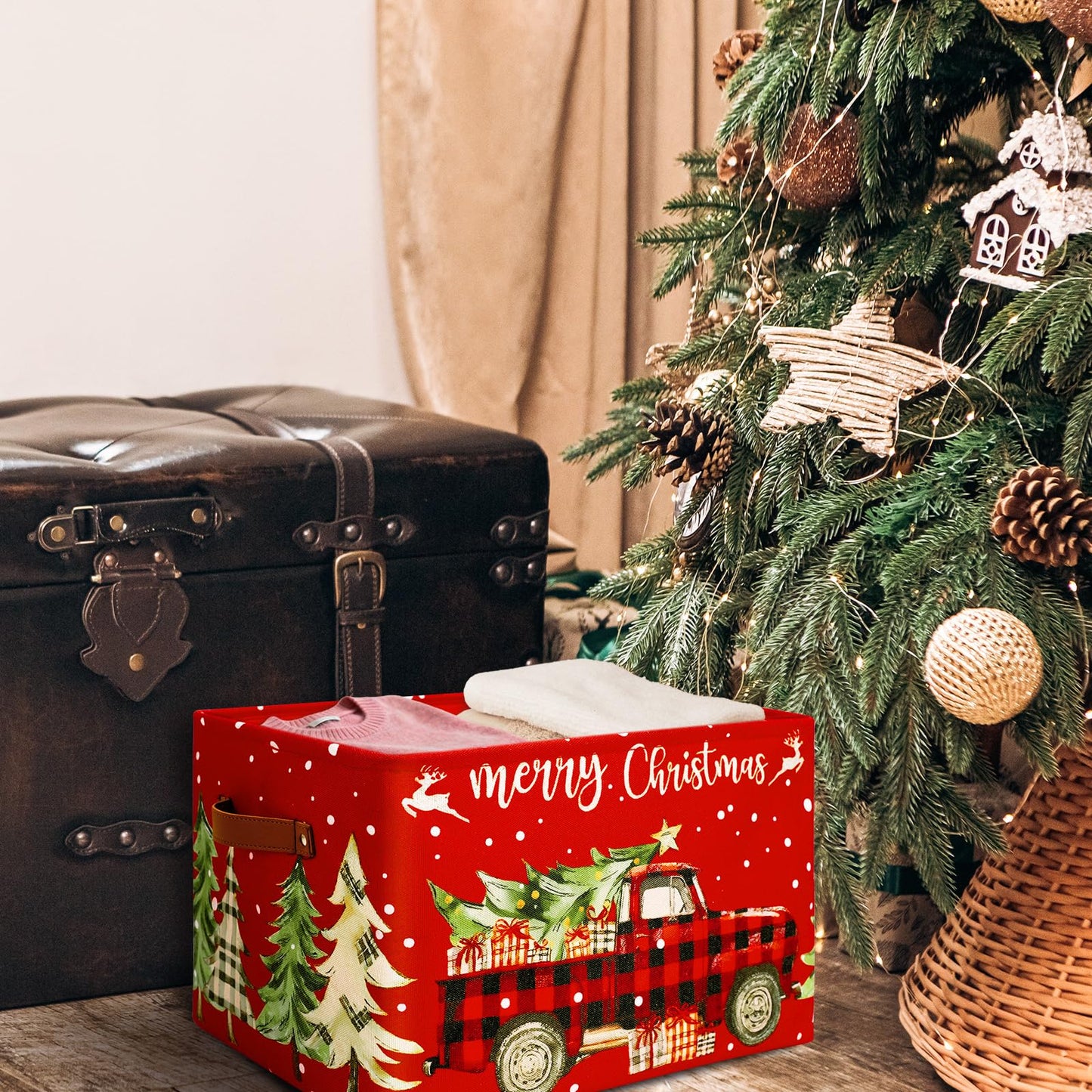 FYSUIMU Christmas Storage Basket with Handles Plaid Truck Xmas Tree Cube Storage Bin Foldable Fabric Container Organizer Box for Home Office Dorm Closet Shelf Toy