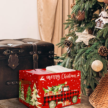 FYSUIMU Christmas Storage Basket with Handles Plaid Truck Xmas Tree Cube Storage Bin Foldable Fabric Container Organizer Box for Home Office Dorm Closet Shelf Toy