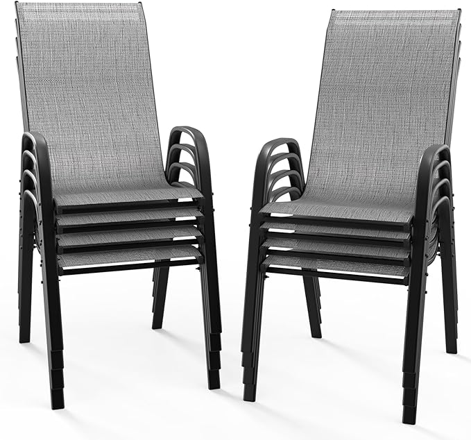 VINGLI Patio Chairs Set of 8 – Stackable Outdoor Dining Chairs with Comfortable Sling High Back Chairs and Armrests for Lawn, Poolside, Courtyard, Balcony, Garden, Silver Gray