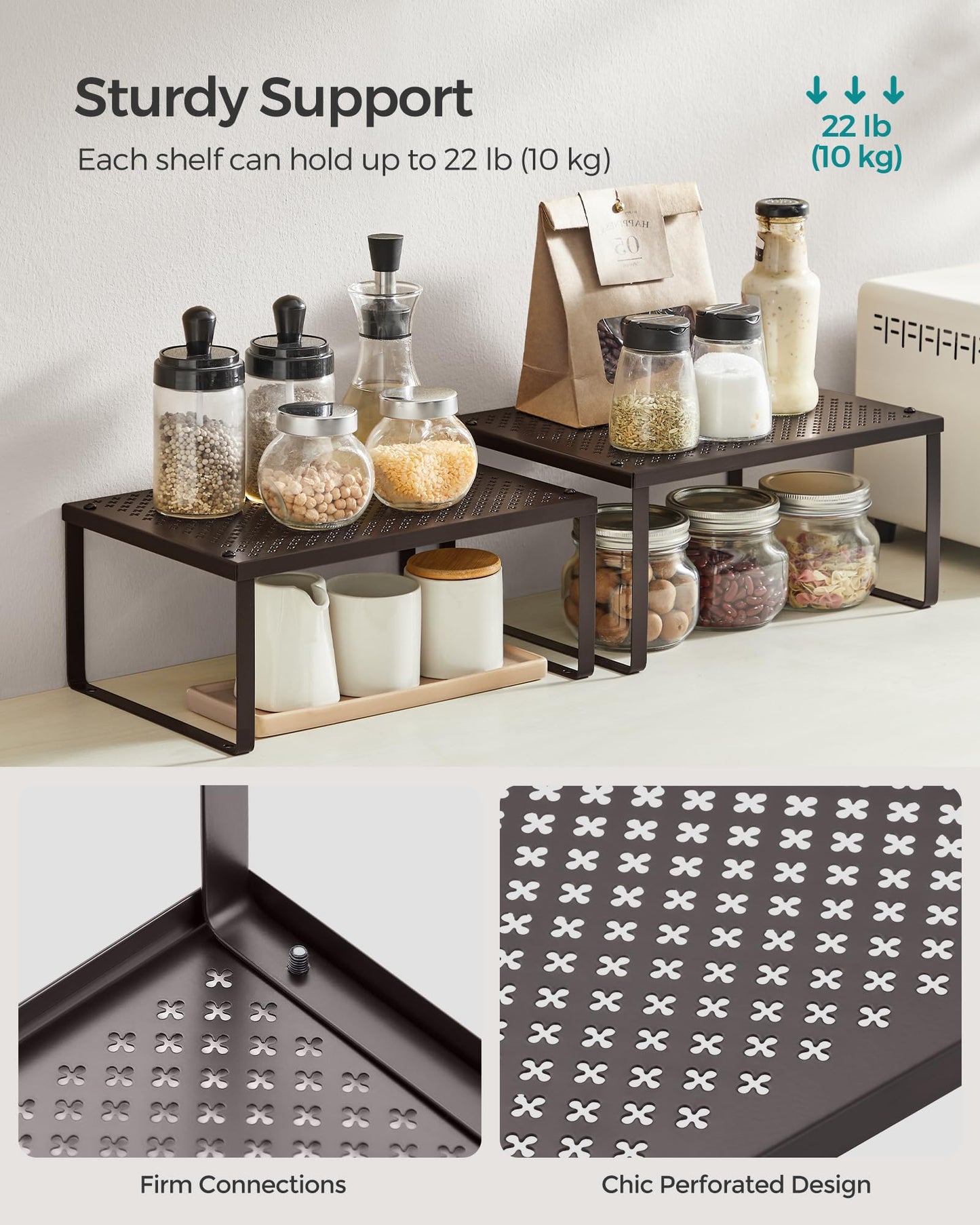 SONGMICS Spice Racks, Set of 2 Metal Cabinet Shelf Organizers, Countertop Organizers, Shelf Risers, Stackable, Expandable, Silver UKCS01SV