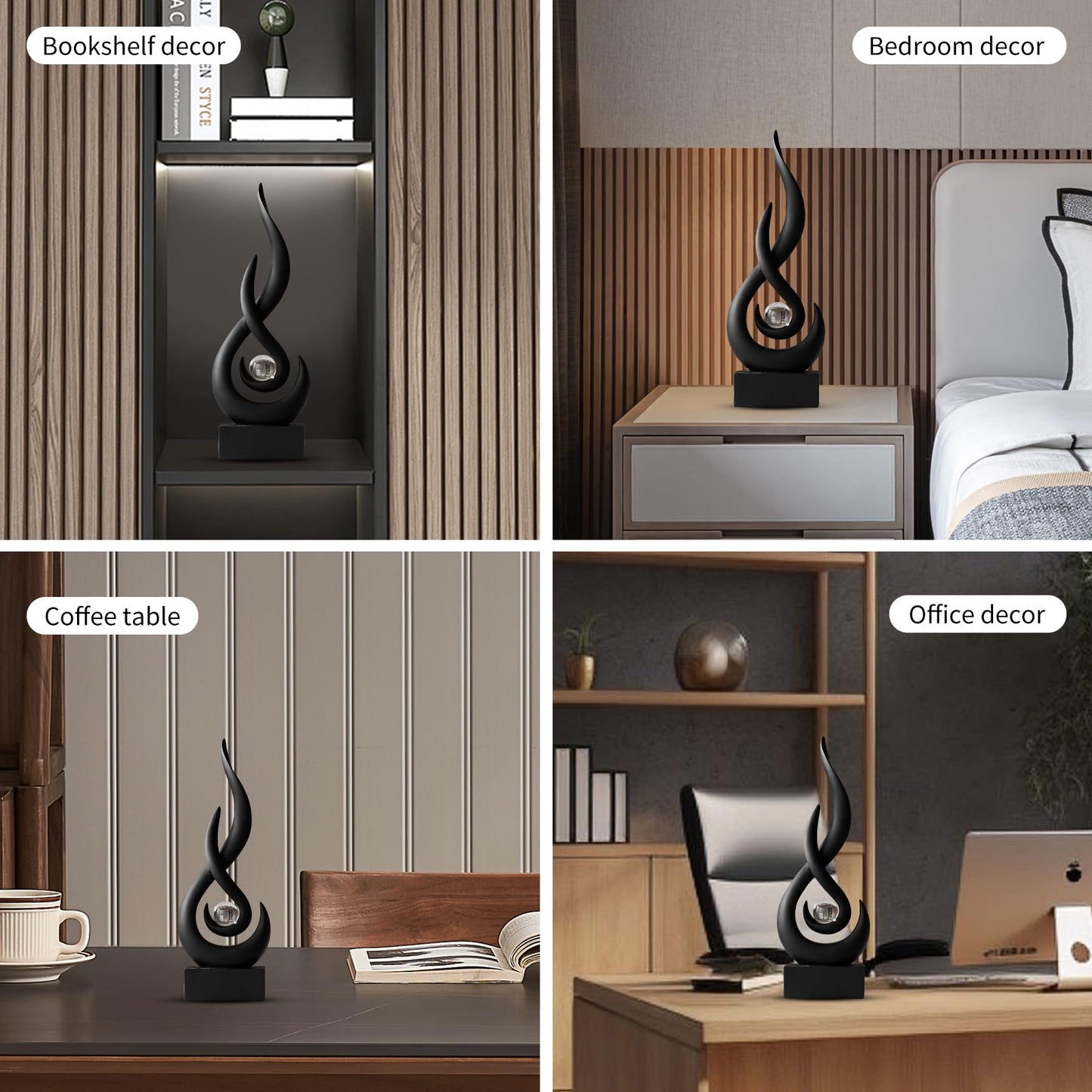 Octdays Black Abstract Statue Sculpture Decorations, 11.61" H Modern Sculptures Home Décor Accents, Resin Art Flame Figurines for Living Room Table Centerpiece Office Desk TV Stand Decor