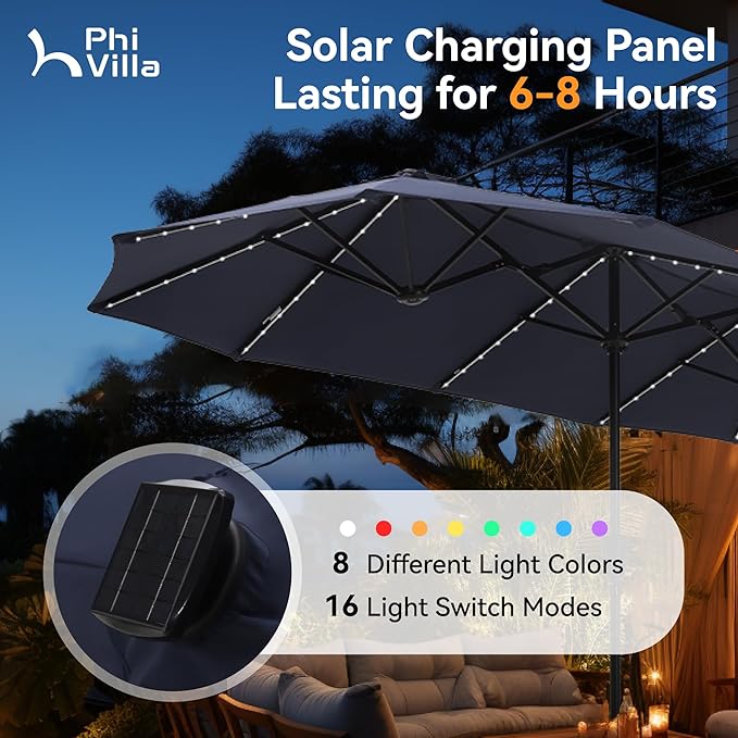 PHI VILLA 13ft Patio Umbrella with Solar-Powered 120 PCS LED Color-Changing Lights, Triple-Head Large Rectangle Umbrella Outdoor Patio for Table with Crank Lift,Navy Blue(No Base)
