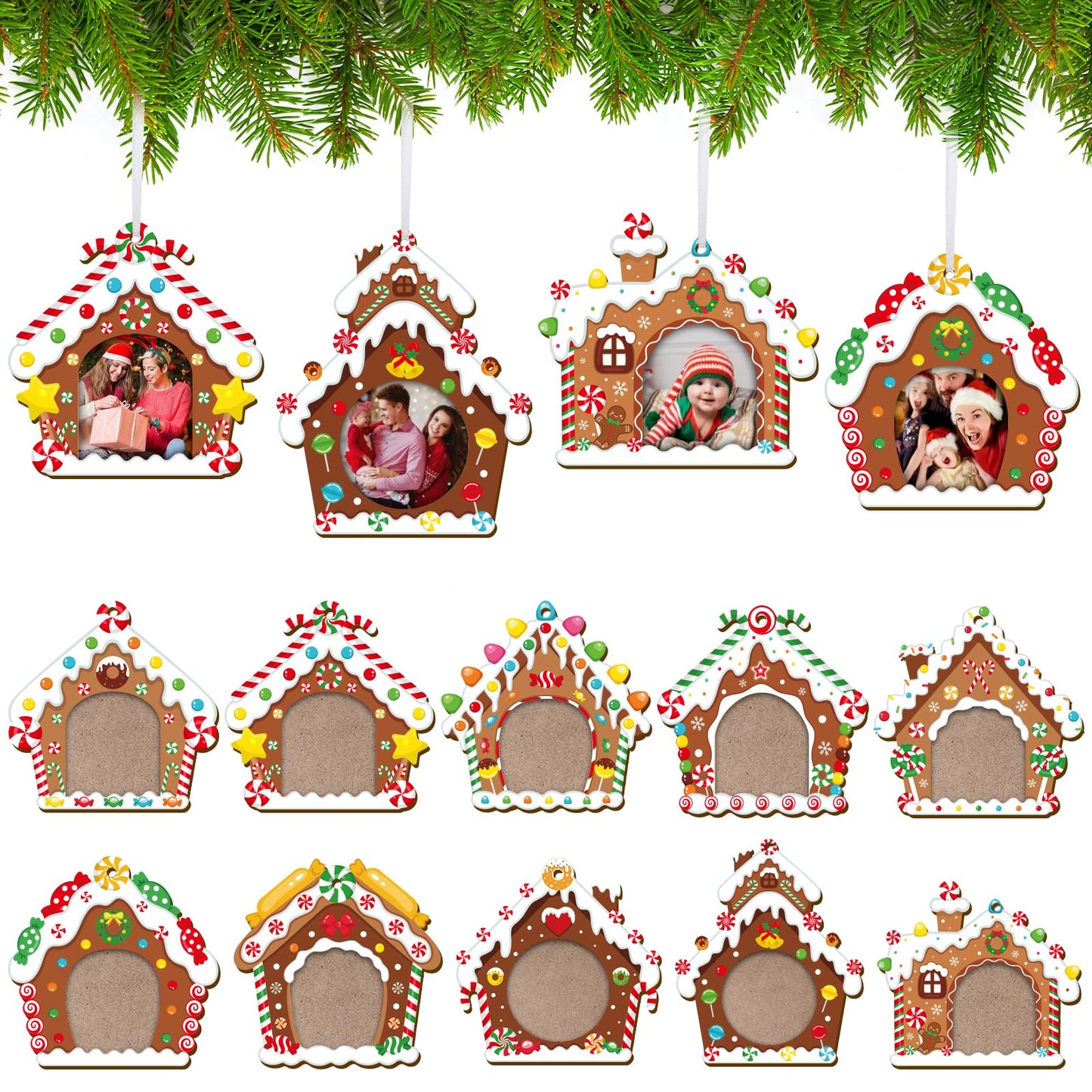 COCHIE Christmas Picture Frame Ornament for Christmas Tree Stocking Decorations, 10PCS Bulk Wood Photo Hanging Ornaments Holiday Xmas Gift (Sweet Gingerbread House)