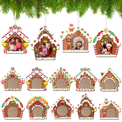 COCHIE Christmas Picture Frame Ornament for Christmas Tree Stocking Decorations, 10PCS Bulk Wood Photo Hanging Ornaments Holiday Xmas Gift (Sweet Gingerbread House)