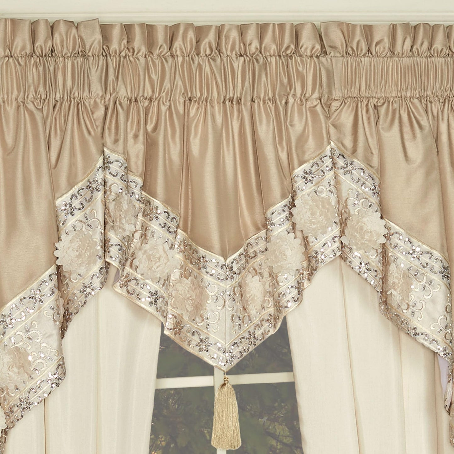 Luxury Elegante Sophisticated Polyester Faux Silk Window Treatment | Light Cream Ivory Metallic Gold | Sequins Embroidery Floral | 3 Piece Set with Ascot Valance and Swag Pair and 96L Curtain Pair