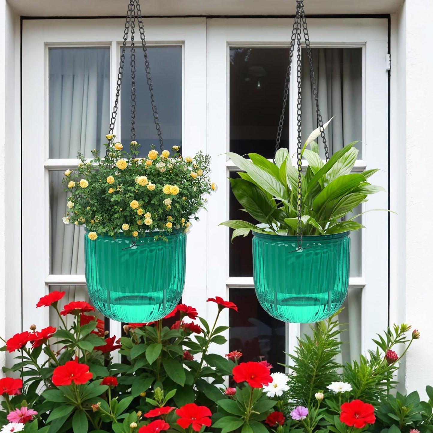 VIDELLY 2 Pack Self Watering Hanging Planters, 8.3" Plastic Hanging Flower Pots with Hooks & Drainage Holes for Indoor Outdoor Plants