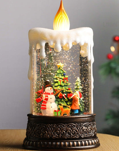 Lffital Snowman Christmas Snow Globe Lantern, Lighted Christmas Decorations for Home Candle Shaped Snow Lantern with Music Timer Glittering, Home Decor Festival Gife, USB & Battery Operated