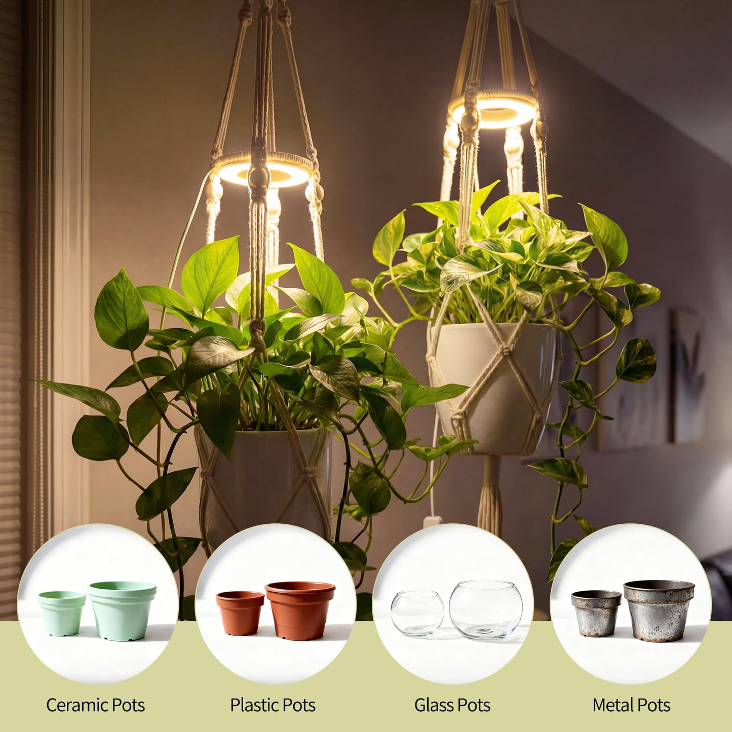 Lazukes Hanging Plant Grow Lights for Indoor Plants with Timer, Wall Mounted Full Spectrum Pendant Growing Light with Macrame Plant Hanger, Ceiling LED Planta Luz for Potted Plants Home Decor
