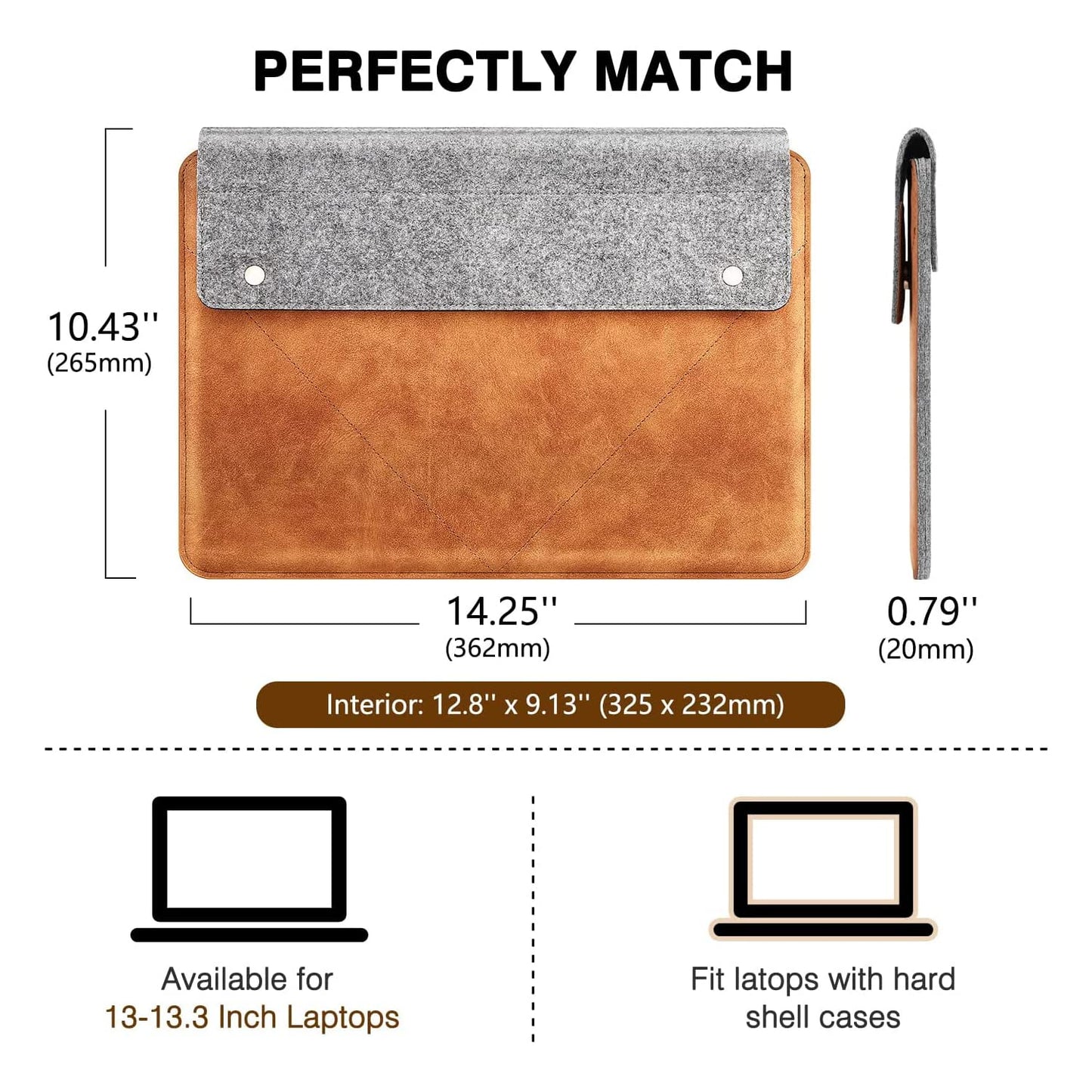 MoKo 13-13.3 Inch Laptop Sleeve Fits Macbook Pro M1 Pro/M1 Max 14.2 2021, iPad Pro 12.9 2021, Surface Pro 9, Felt & PU Leather Case Bag with Pocket, Gray&Brown