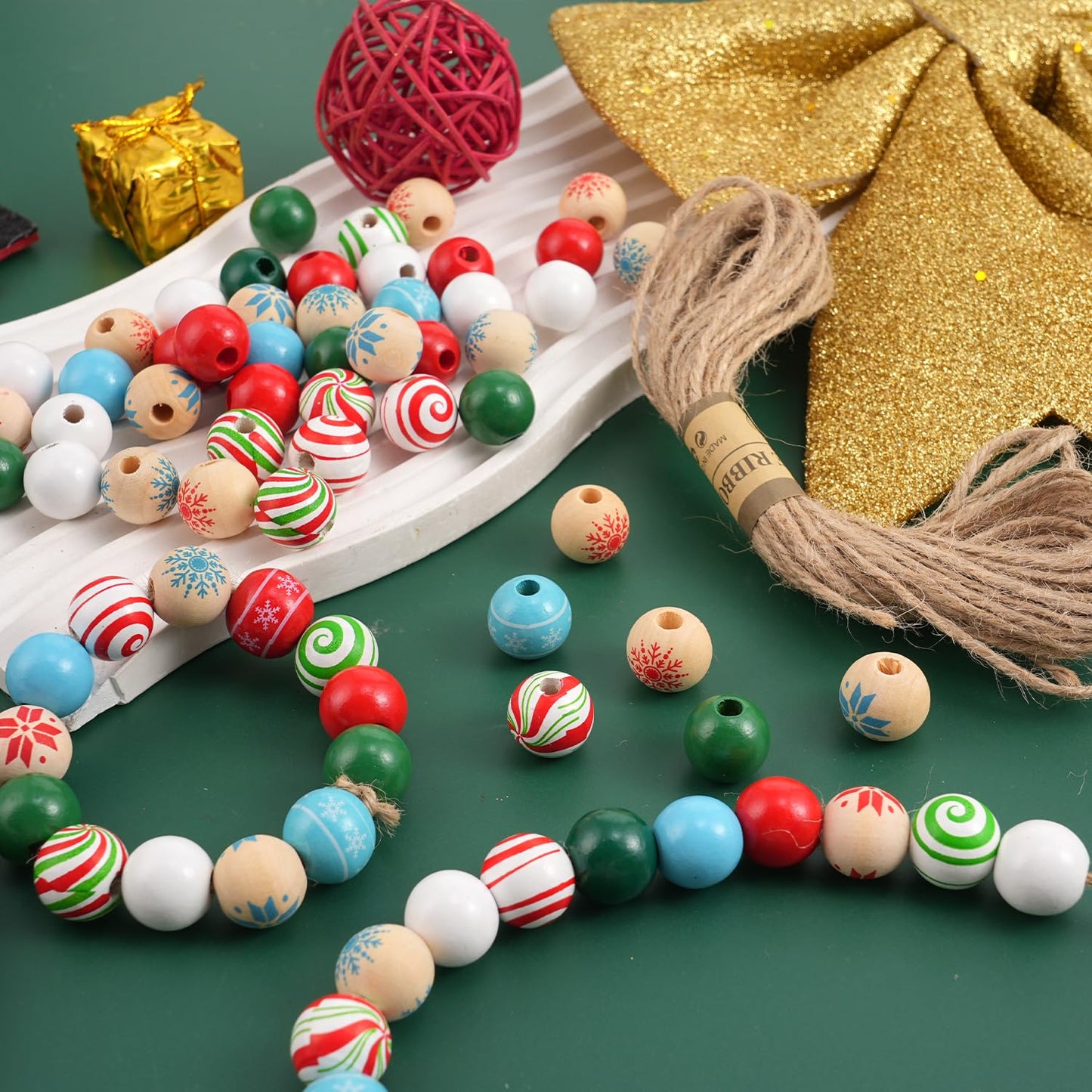 200 Pcs Christmas Wooden Beads for Crafts Natual Painted Wood Spacer Loose Beads with Twine for Xmas Party Holiday DIY Garland Hanging Decor
