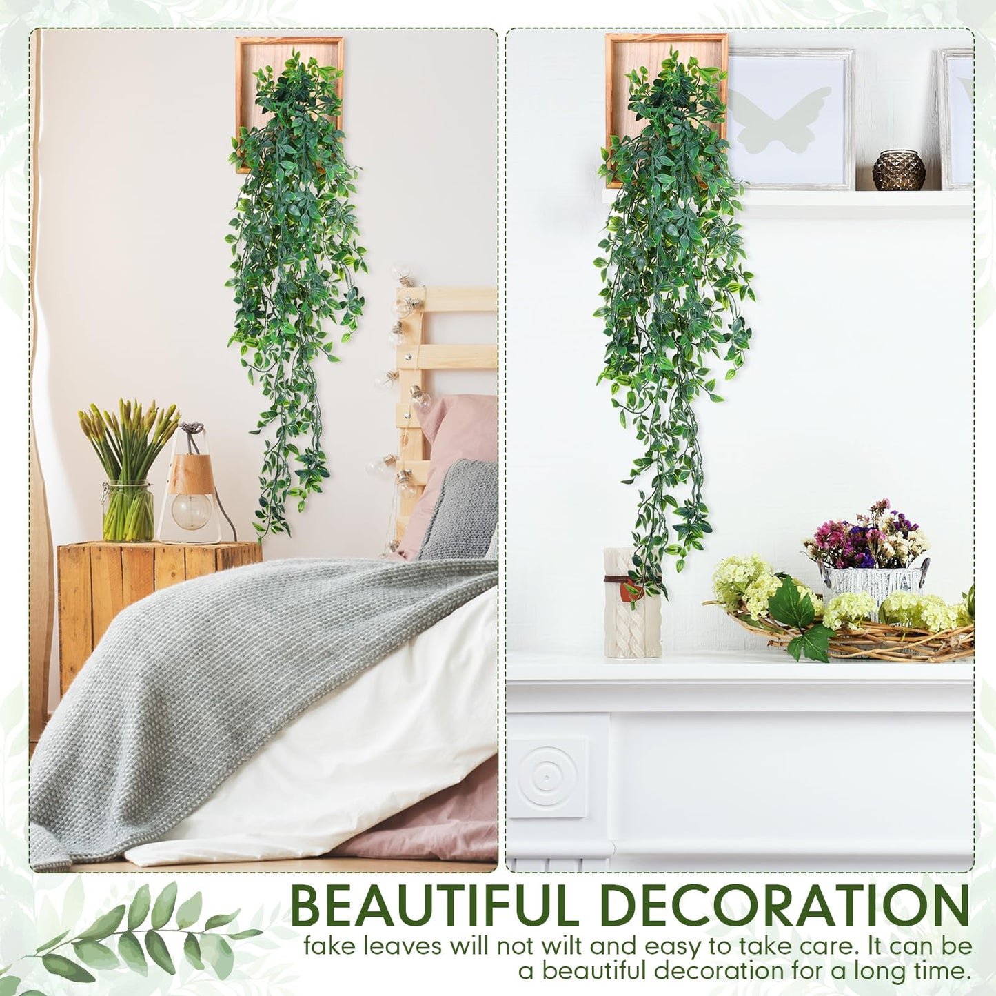 Briwooody 2 Pack Artificial Hanging Plants with Wooden Frames Home Fake Hanging Mandala Leaves Greenery Plants Mandala Vine Supplies for Wall Living Room Decor Bathroom Shelf Indoor