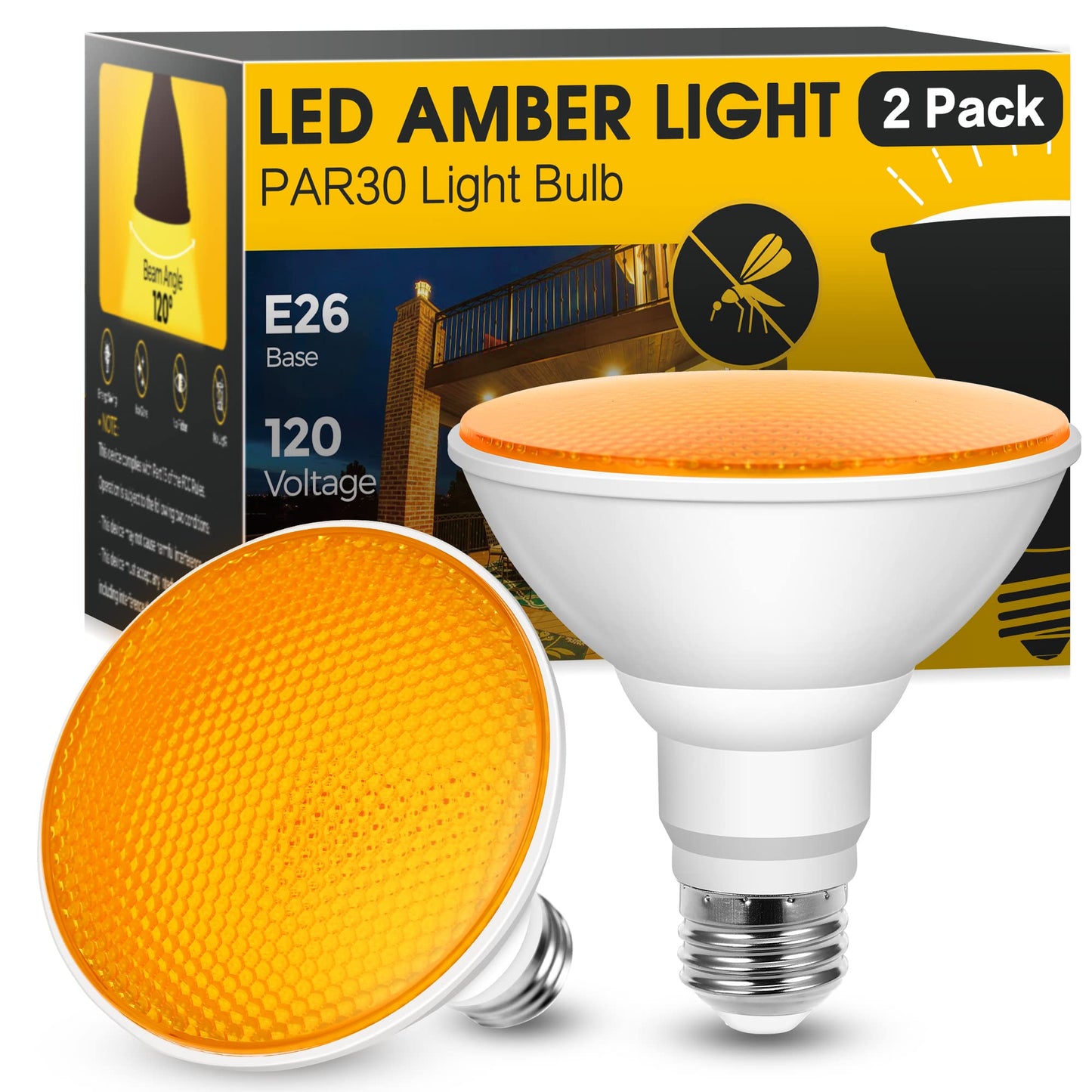 JandCase LED Bug Lights for Outside, 12W Yellow Bug Light Bulbs Outdoor, 100Watt Equivalent PAR30 Flood Light Bulbs for Porch Patio Courtyard, Non-Dimmable, 2 Pack