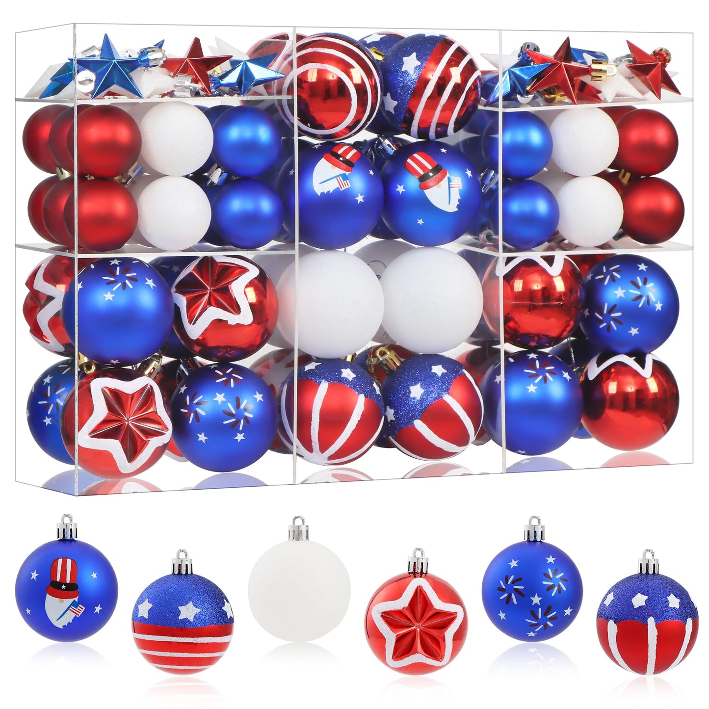 100Pcs 4th of July Tree Decorations Patriotic Ornaments, 2.36'' Memorial Day Red White Blue Ornaments and Star, Shatterproof American Hanging Ball Decor for Independence Day USA 250th Holiday
