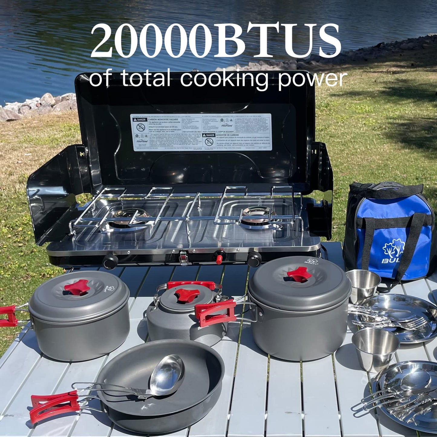 FineFlame Camping Stove 2 Burner With Bulin 13 PCS Camp Cookware Set Camping Cookwear