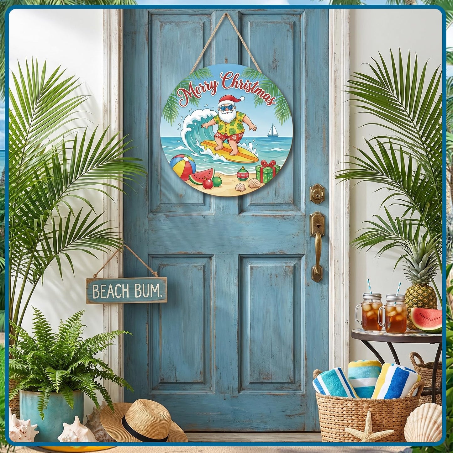 Shejdgart Summer Christmas Door Decorations - 3 Pcs Christmas in July Front Door Sign Xmas Santa Beach Snowman Hawaiian Wooden Hanger Door Sign for Farmhouse Home Wall Living Room Party Supplies