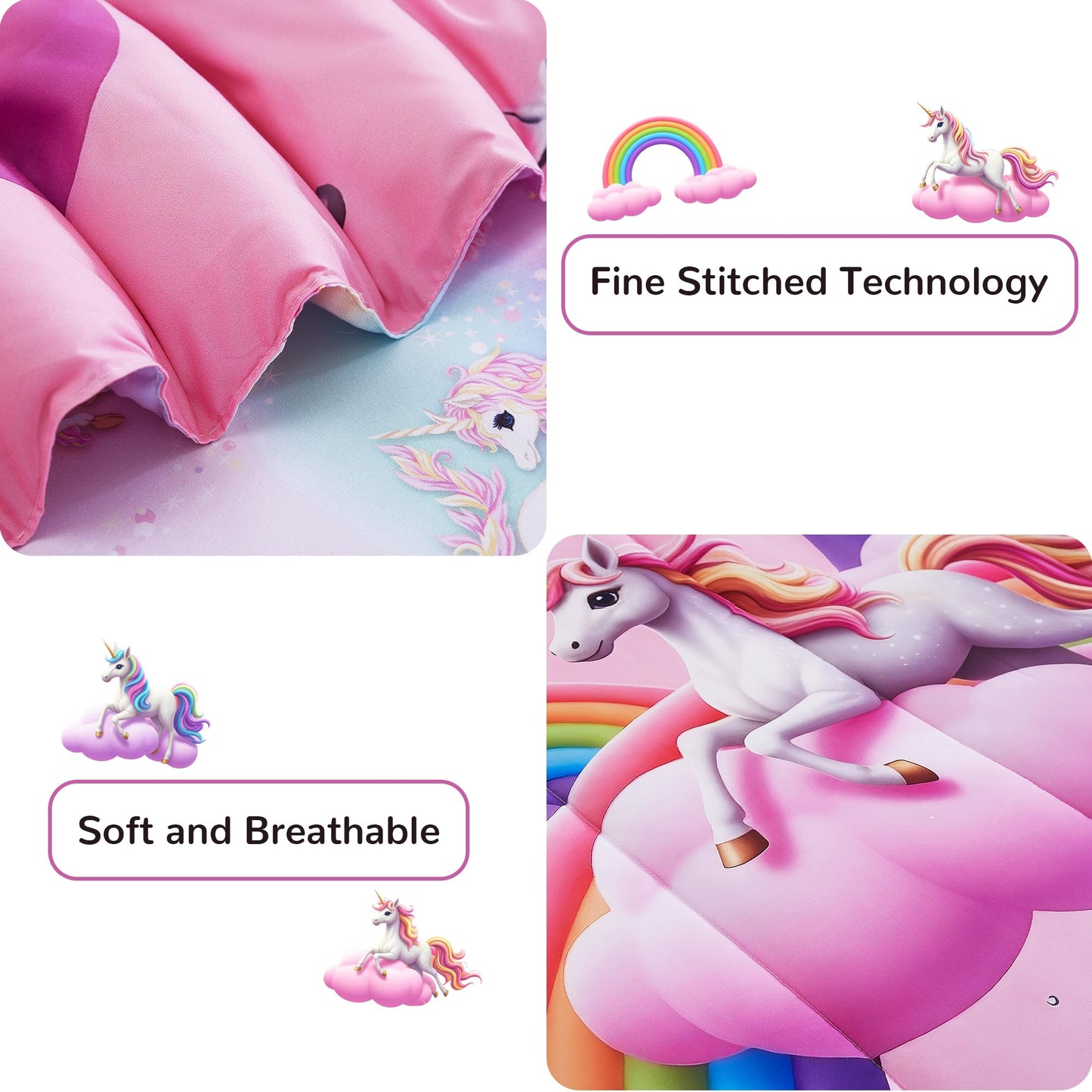 Viviland Kids Twin Bedding Sets for Girls, Soft Twin Comforter Set with Sheets, 5 Pieces Microfiber Bed in a Bag, White Unicorn Pink Cloud Rainbow