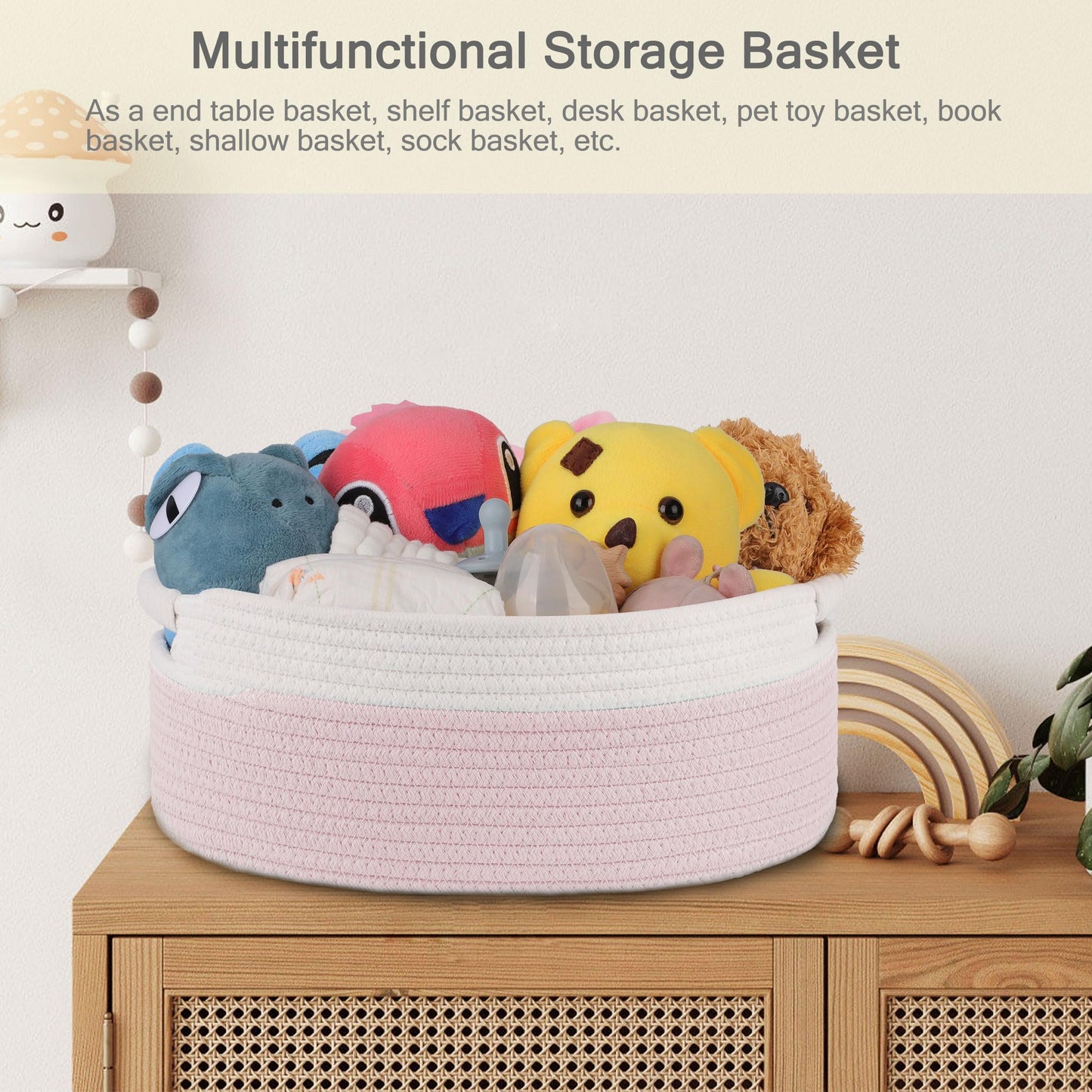 BOSROTY Small Woven Basket with Gift Bags and Ribbons, Empty Baby Gift Baskets, Shelf Storage, Small Cat Dog Pet Toy Boxes, 13”x 9”x 5.5”, Light Pink