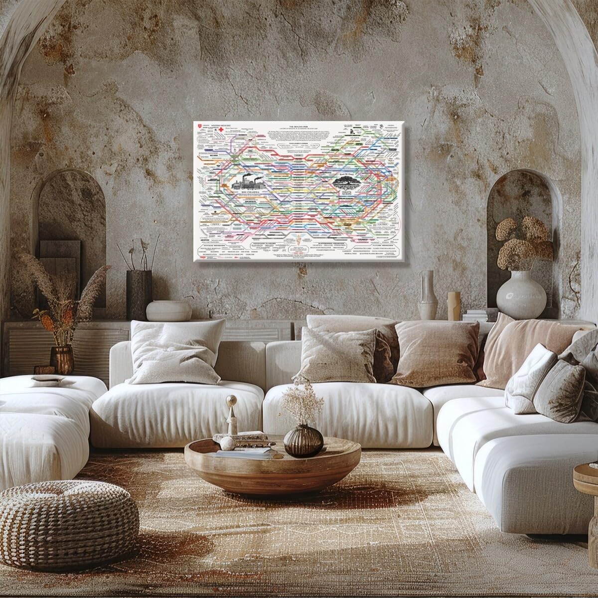 The Healing Web Holistic Health Map Canvas Print - A Guide to Natural and Allopathic Remedies Poster for Home Decor (30x40cm-Wood Frame