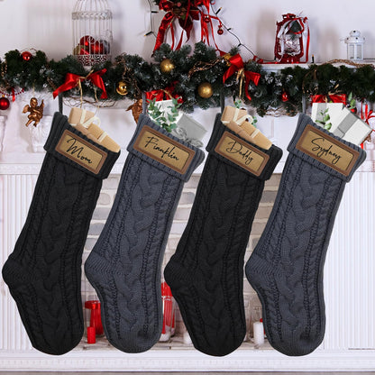 steo spce 4 Pack Personalized Christmas Stocking with Leather Patches Custom Name Family Christmas Stockings, 18.5” Large Knitted Xmas Stockings for Kids, Holiday and Fireplace Party Decoration