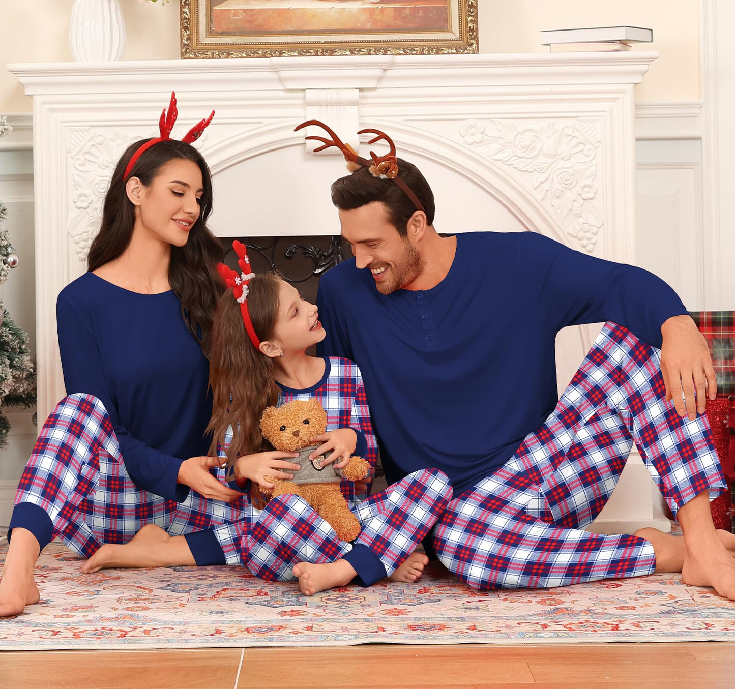 SWOMOG Couple Matching Pajamas Set Christmas Pajamas Long Sleeve Button Down Pj Set Festival Party Xmas Sleepwear Women Navy Blue Plaid Small
