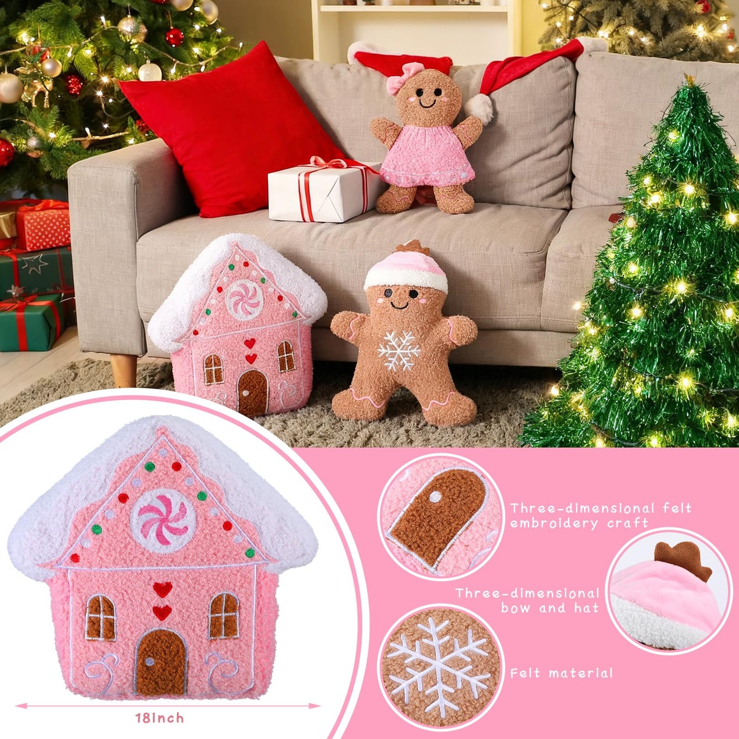 Konohan 3 Pcs Christmas Gingerbread Pillows House Man Throw Pillows Stuffed Gingerbread Shaped Pillow for Christmas Party Outdoor Cushion Decorations(Pink,Lovely Style)