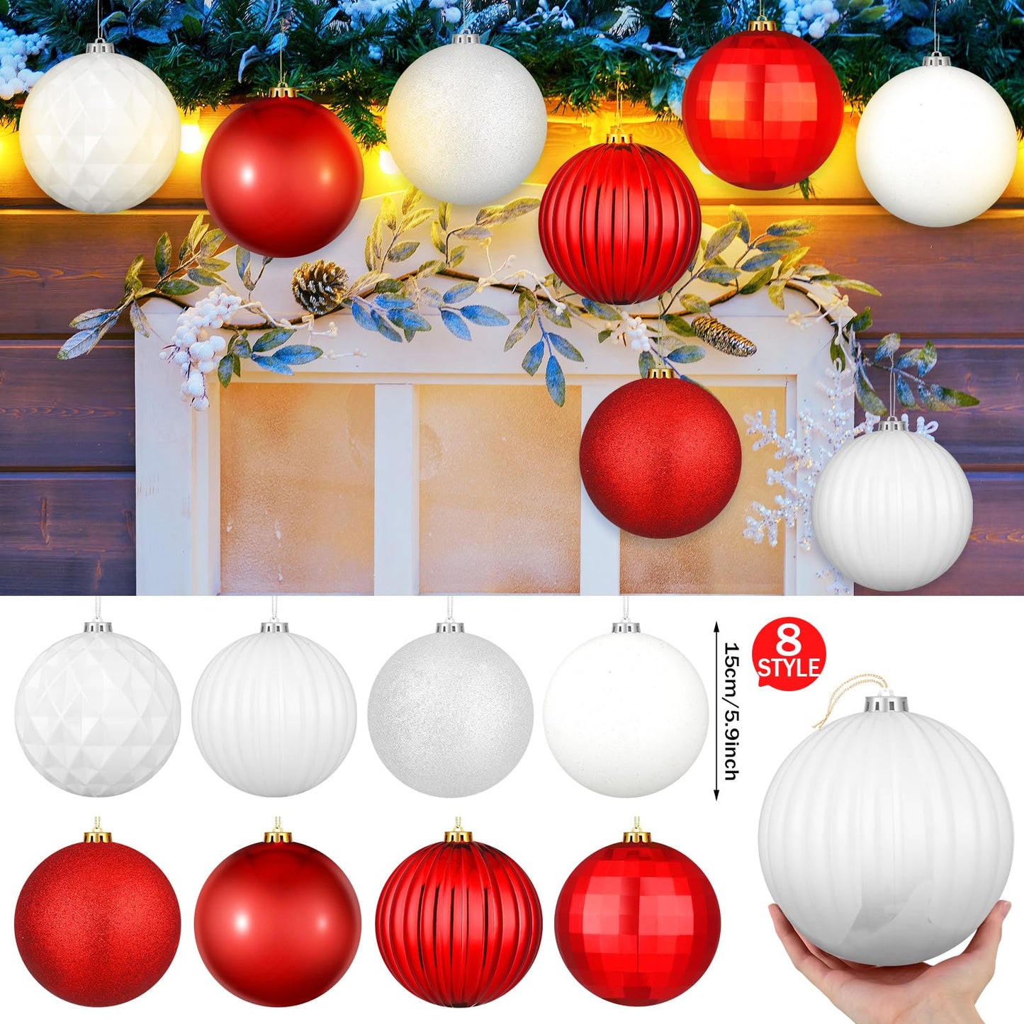 Jenaai 6 Inch Large Christmas Ball Ornaments Giant Jumbo Shiny Christmas Ornament Extra Large Balls with String and Cap for Lawn Yard Decoration(Red, White,8 Pcs)