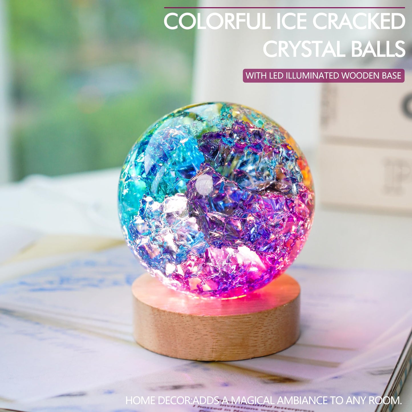 LOULIQIGIFT 80mm Colorful Cracked Crystal Ball Night Light Glass Ball Gifts