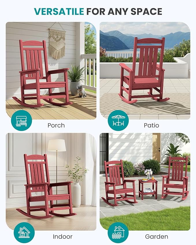 SERWALL Patio Rocking Chairs Set of 4, HDPE Outdoor Rockers for Adults, Oversized All-Weather Porch Rocking Chairs, Red