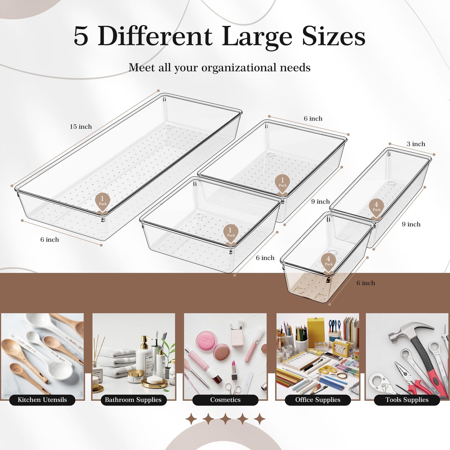 Criusia Drawer Organizer, 10 Pack Large Clear Plast Set, 3 Size Versatile Bathroom and Vanity Organizer Trays, Storage Bins for Makeup, Bedroom, Kitchen Utensils