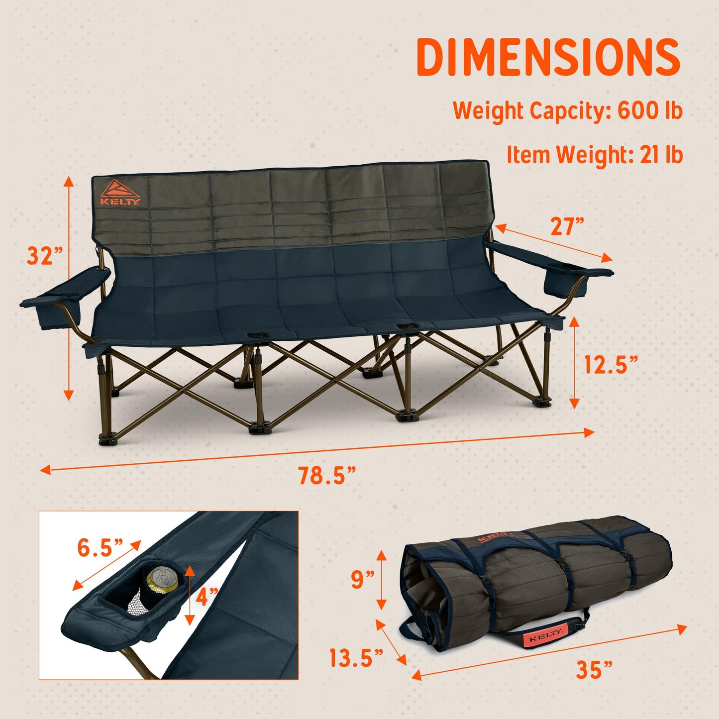 Kelty Lowdown Couch - 3 Person Capacity Camping Chair, Extra Large and Sturdy Bench for Campsites, Soccer Games, and Backyard Parties (Dark Shadow/Midnight Navy)