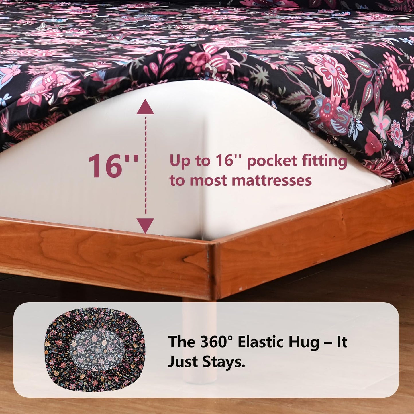 Bedlifes King Sheet Set Ultra Soft, Breathable, Silky Flower Deep Pocket 100% Microfiber Bedding, 4 Piece King Size with Floral,Black Red Flowers