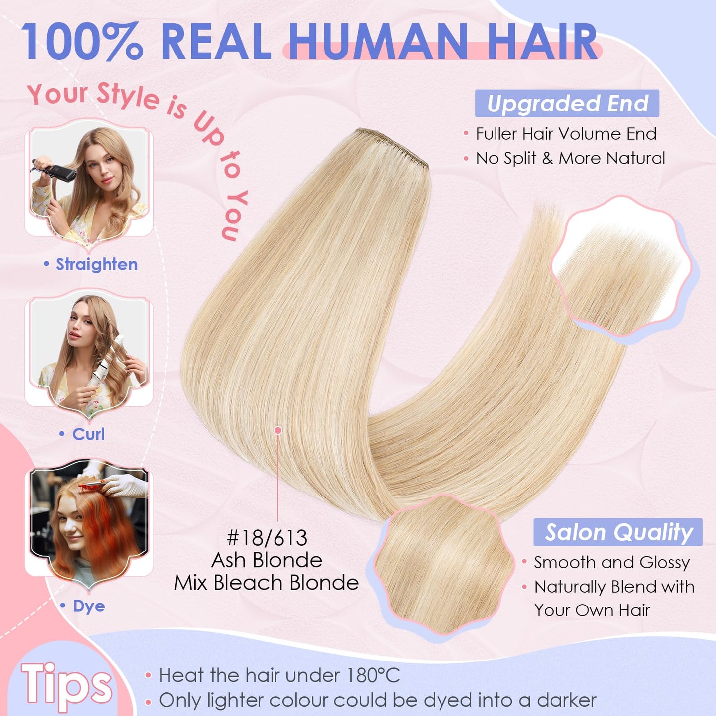 Elailite Clip in Hair Extension Real Human Hair Remy Natural Hair - 8 Pieces (Thin Weft) Full Head Straight - #18/613 Ash Blonde Mix Bleach Blonde - 10 Inch (50 g)