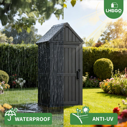 LHBGO Outdoor Storage Shed with Door & Shelf, Large Capacity Weatherproof Garden Tool Cabinet with Multiple Hooks for Backyard, Patio, Lawn（Black
