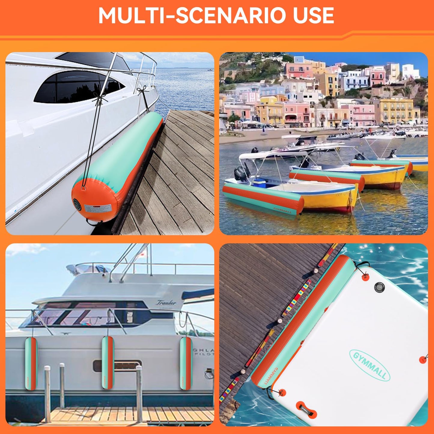 GYMMALL Inflatable Boat Bumpers for Docking Boat Fenders with 600W Electric Pump, 10FT Heavy Duty PVC Dock Bumpers Fenders 1 Pack for Fishing Boats, Jet Skis, Yachts, Floating Dock - Orange Green