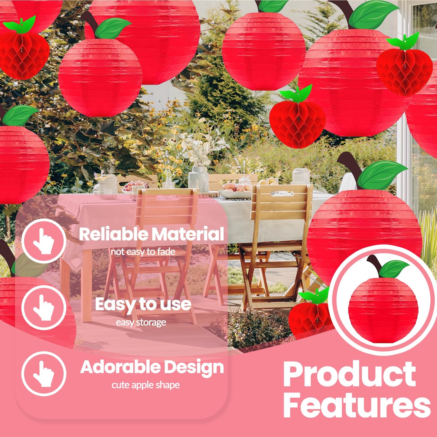 15Pcs Red Apple Paper Lanterns, Apple Decor Hanging Decorations Classroom Home Office Birthday & Fruit Themed Parties